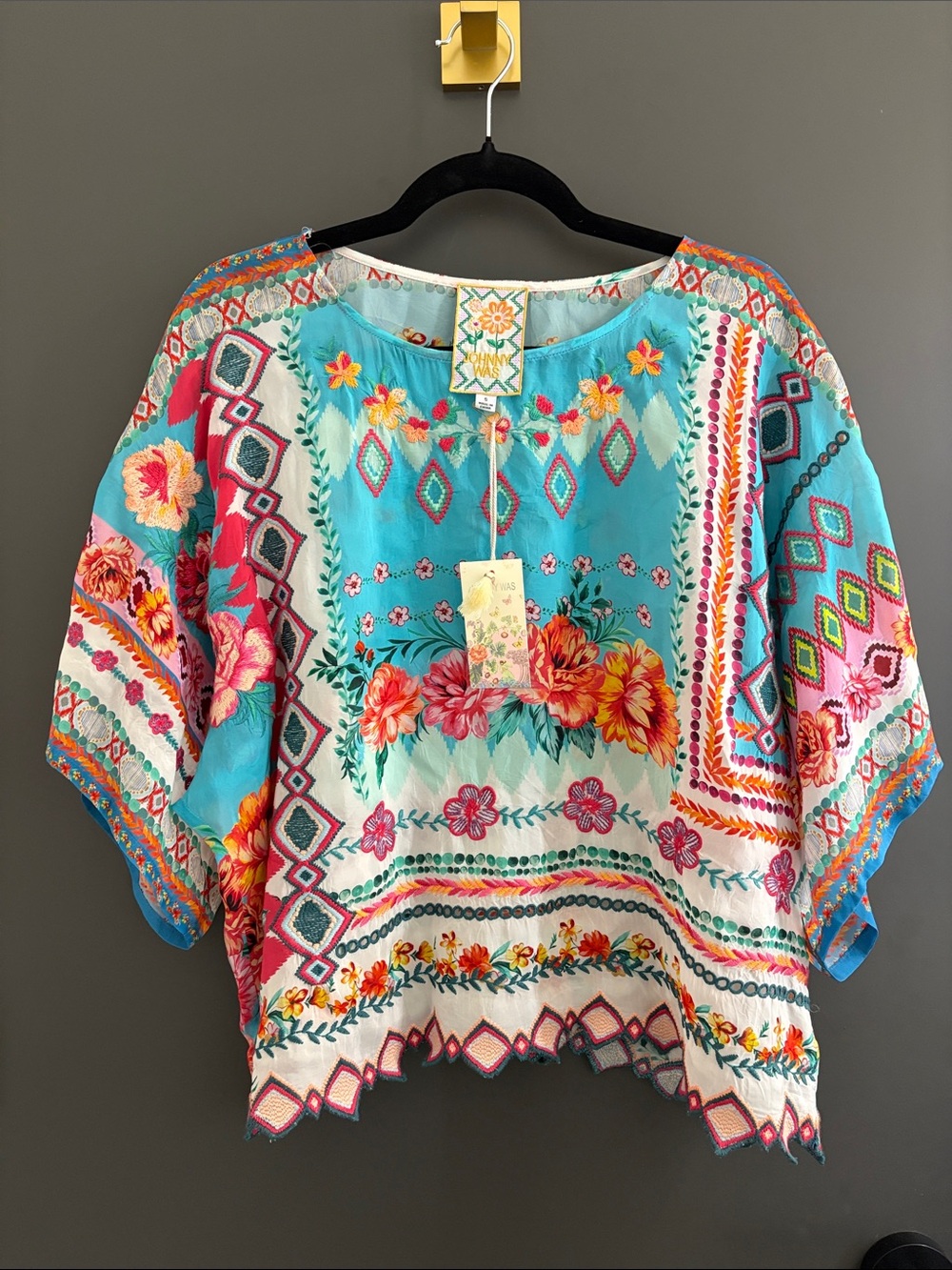 Johnny Was Bohemian Floral Patchwork Tunic Top - Turquoise